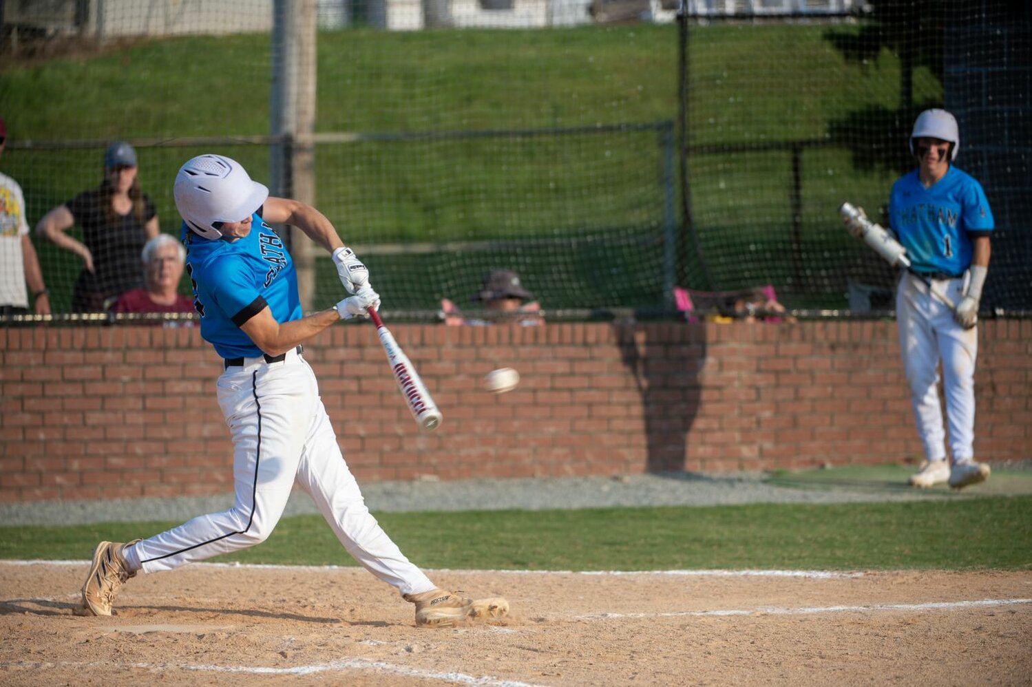 Chatham American Legion Post 292's Mason Phillips hits a single in a game earlier this season.
